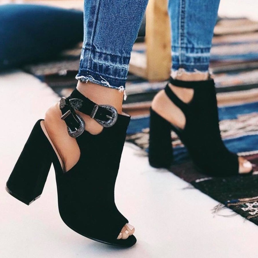 Western Buckle Black Booties